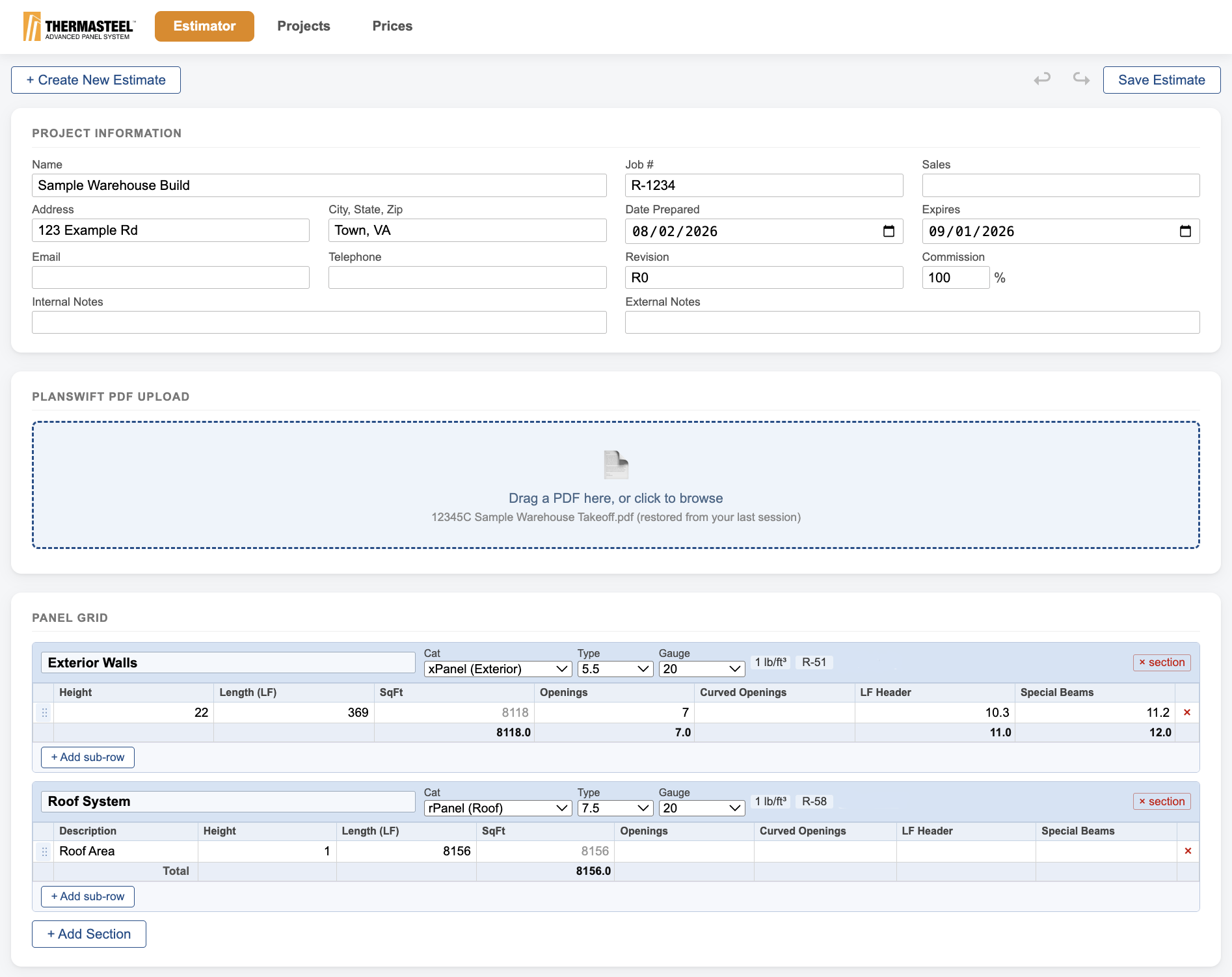 The ThermaSteel estimator, showing Estimator, Projects, and Prices navigation with a signed-in user, a project information form, a PlanSwift PDF upload area, and a pre-filled panel grid with exterior wall and roof system sections.