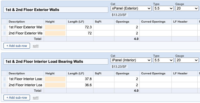 The extracted measurements mapped into categorized panel sections in the estimator, such as exterior walls and interior load-bearing walls, with category, type, and gauge already filled in.