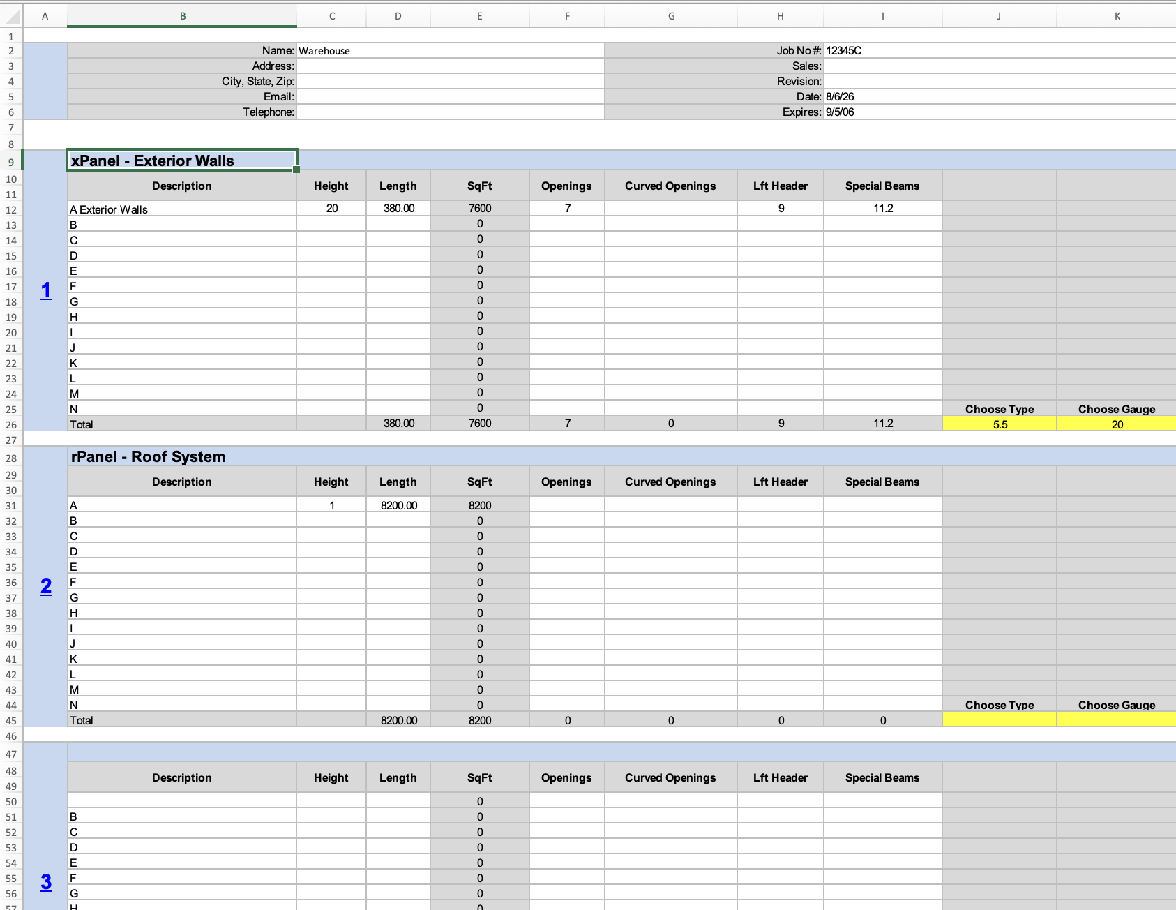 The original Excel quoting workbook: a grid of mostly empty rows under xPanel Exterior Walls and rPanel Roof System headings, with every measurement typed in by hand and yellow Choose Type and Choose Gauge cells.
