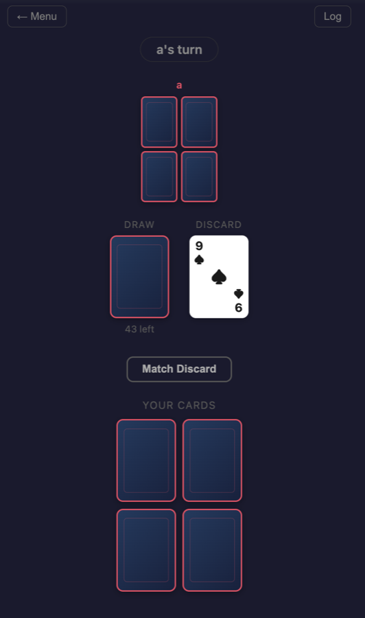 Cambio mid-game: a draw pile and discard pile in the center, with each player's four face-down cards below.
