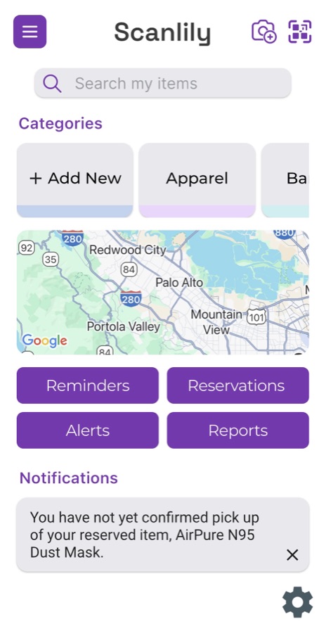 My Items dashboard, with search, categories, a map, and quick-action buttons.