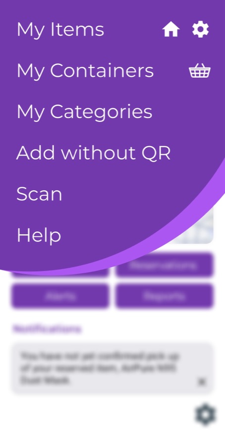 The app's main menu: My Items, My Containers, My Categories, Add without QR, Scan, and Help.