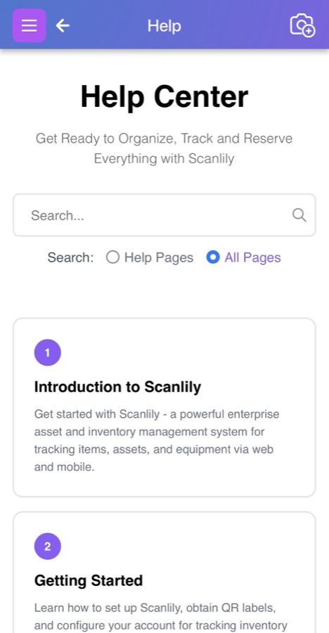 The Help Center, with search and a numbered list of getting-started articles.