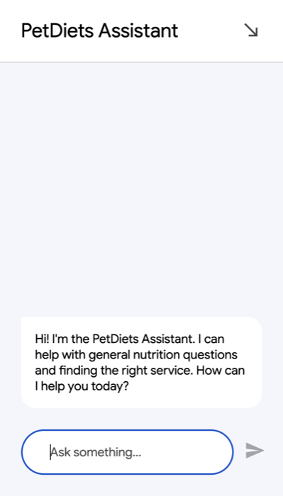 PetDiets' chat widget: 'Hi! I'm the PetDiets Assistant. I can help with general nutrition questions and finding the right service. How can I help you today?'