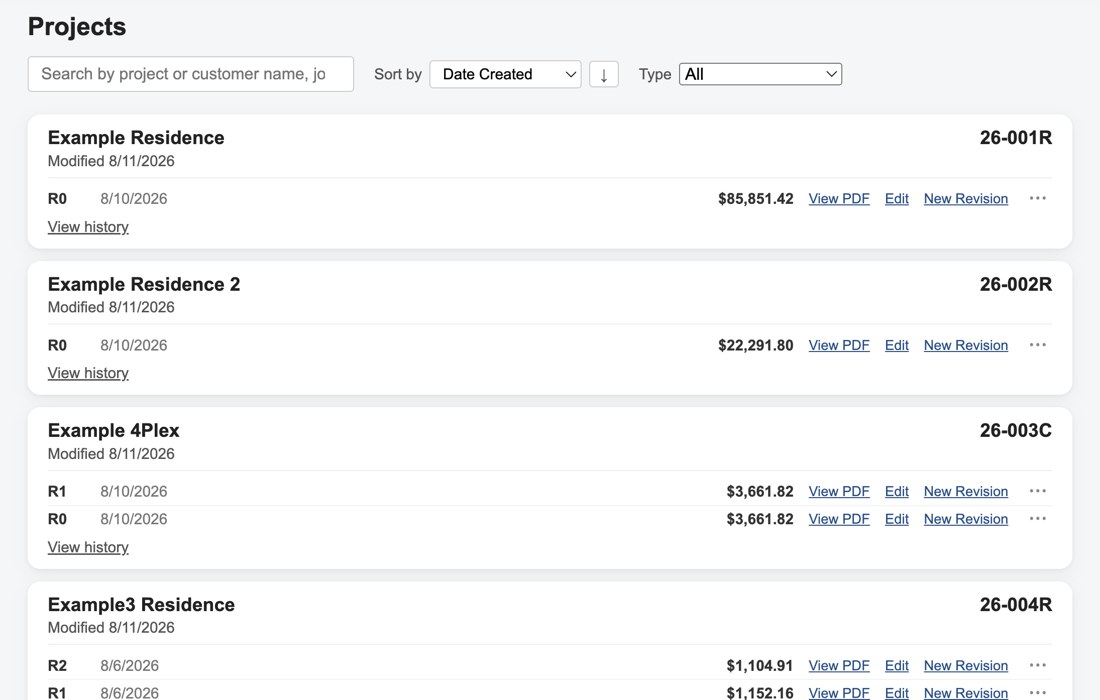 The Projects dashboard: a searchable, sortable list of saved projects (names anonymized), each showing its job number, revision history, computed price, and quick actions to view the PDF, edit, or start a new revision.
