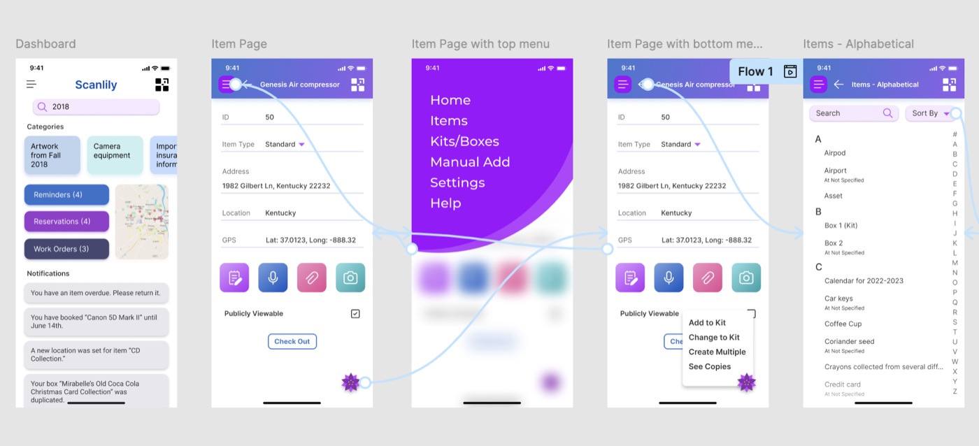 2022 Figma prototype: five screens showing the dashboard, item page, item page with top menu, item page with bottom menu, and the alphabetical items list. Click to enlarge.