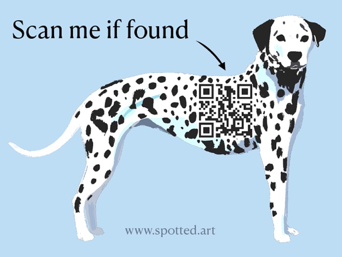 A Spotted sticker: an illustrated dalmatian with a QR code on its side, labeled 'Scan me if found' and www.spotted.art.