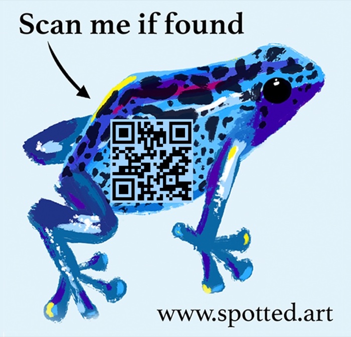 A Spotted sticker: an illustrated poison dart frog with a QR code on its side, labeled 'Scan me if found' and www.spotted.art.