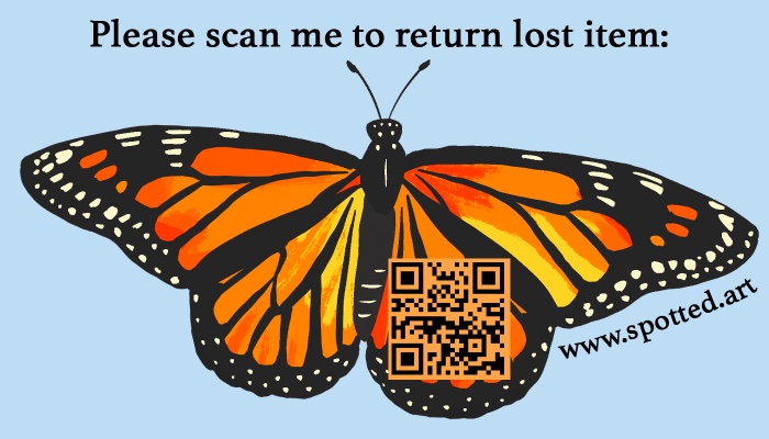 A Spotted sticker: an illustrated monarch butterfly with a QR code on its wing, labeled 'Please scan me to return lost item' and www.spotted.art.