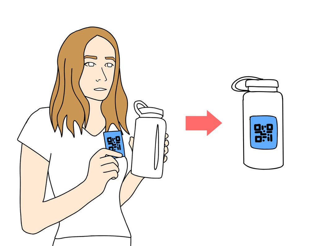 Illustration of a person putting a Spotted sticker on a water bottle.