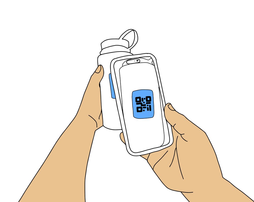 Illustration of hands scanning a QR code on a phone.