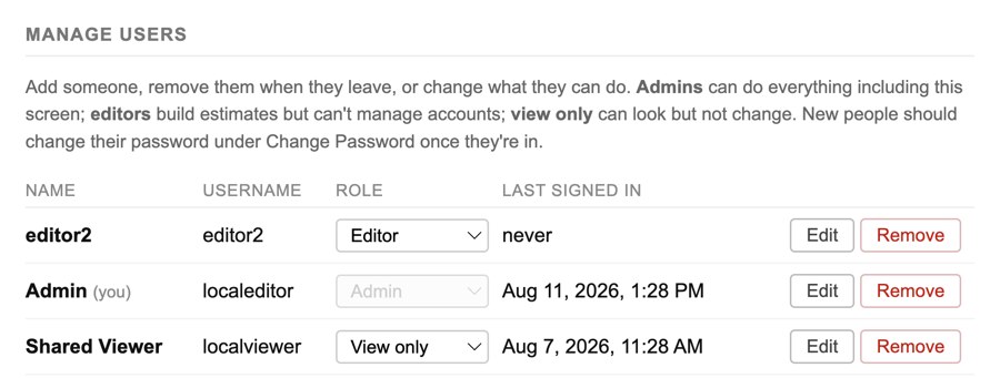 A Manage Users screen listing three accounts — an Editor, an Admin, and a Shared Viewer — each with a role dropdown, last-signed-in date, and Edit/Remove actions.