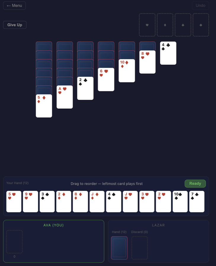 Un-Solitaire mid-game: a solitaire-style tableau with each player's own hand of cards below, and a shared discard pile in the top corner.