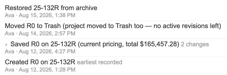 A revision history log: entries for restoring a project from archive, moving a revision to trash, saving a new revision with its total price, and creating the original revision, each timestamped and attributed to the user who made the change.